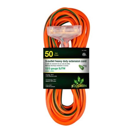 Gogreen SJTW Extension Cord, 12 AWG, Outdoor, 12/3, 3 Outlets, Orange, 50 ft GG-15250